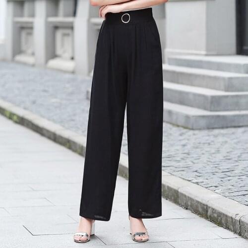 Summer Cotton Linen Wide Leg Pants Women Long Trousers Casual Middle-aged Women Pants Loose High Waist Black Pants