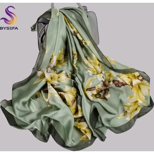 [BYSIFA] New Light Green Women Silk Scarf Chinese Style Magnolia Design Elegant Ladies Long Scarves Spring Autumn Scarves Shawls