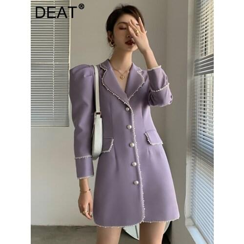 DEAT Design 2021 New Korean Pearl Bubble Sleeve Fashion Solid Color Pearls Waist Closing Show Thin Temperament Wool 7I0677