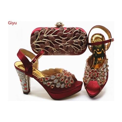 Doershow Shoes and Bag Set African Sets 2019 burgandy Color Italian Shoe Bag Set Decorated with Rhinestone High Quality! SGX1-3