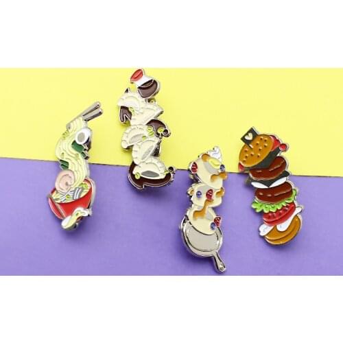 Food delicious Brooches hamburger Dumplings noodle cake egg Enamel Pin Lapel Unisex Cartoon Badges Pins Jewelry Gift