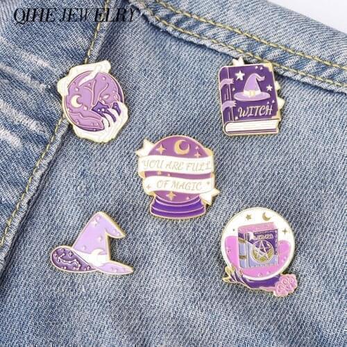 Witch Enamel Pins Magic Hat Purple Crystal Spell Book Moon Star Cat Wizard Brooches Metal Badges for Witches Halloween Jewelry