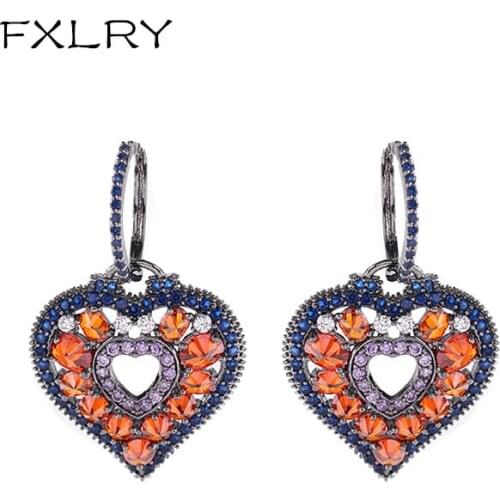 FXLRY Luxury Shiny Colorful AAA Zircon Heart Copper Hoop Earrings For Women Party Jewelry