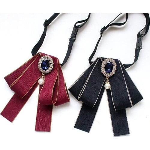 2021 Women Wedding Party Work Shirt Bowtie Cravat Lady Necktie Alloy Head Rhinestone Elastic Strap Clip Pins Ribbon Chic Bow Tie