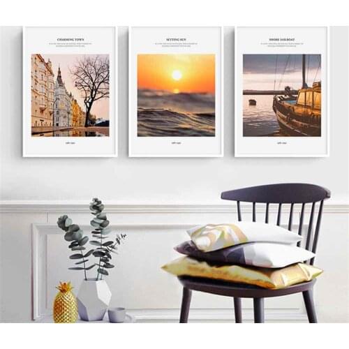 HAOCHU Sunset Glow Boat Tree Canvas Painting For Living Room Home Decor Painting Print Poster Simple Nordic Wall Picture