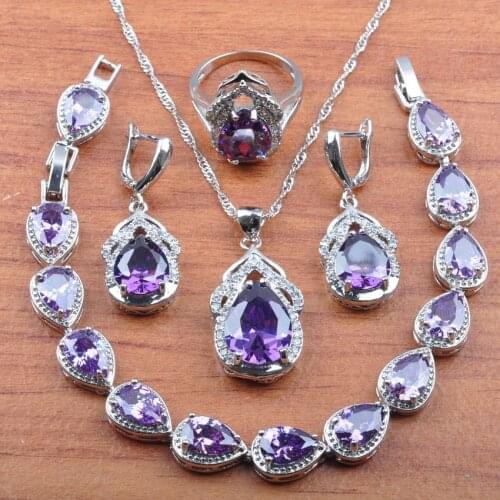 Wedding Jewellry Natural Purple CrystalSilver Color Jewelry Set Women Earrings Necklace Pendant Rings Bracelet JS0306