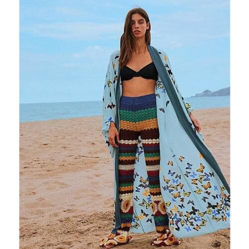 Hot kf-Womens Printed Bikini Beach Blouse Beach Holiday Sunscreen Cardigan Photo Color One Size