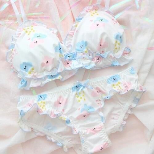 Polar Bear Cute Japanese Bra & Panties Set Wirefree Soft Underwear Sleep Intimates Set Kawaii Lolita Color Sky Blue Bra Set