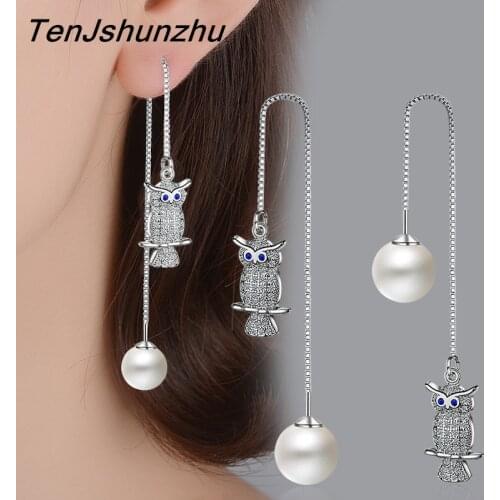 925 Sterling Silver Zircon Owl Tassel Stud Earrings For Women Pearl Earrings Party Sterling-silver-jewelry EH610