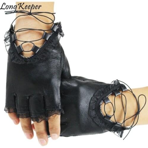 Punk Cool Women Half Finger Gloves Lady Sexy Disco Dance Costume Lace Fingerless Gloves Driving Gloves Genuine Leather Mittens