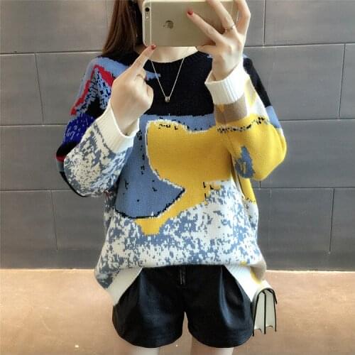 Pullover Sweater 2021 Round Neck Loose Patchwork Pullovers Female Autumn Winter Knit Women Sweter Sweaters Vestidos LXJ1054