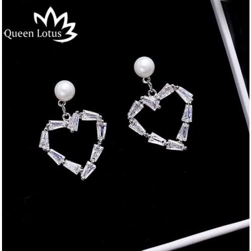Queen Lotus 2018 Fashion Women Korean Earrings Heart Drop Cubic Zirconia Earrings Pearl Stud Earrings Bride Wedding Earring Hot