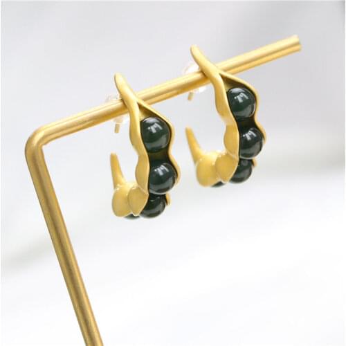 Hetian Jade Retro Hong Kong Style Earrings Womens Elegant Lentil All-Match Earrings Cold Style High-Grade Sterling Silver Gold