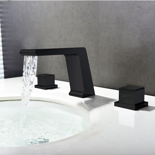 Basin Mixer Waterfall Faucets Black Brass Bathroom Sink Faucet Double Handle 3 Hole Brushed Gold Bathbasin Counter Mixer Taps