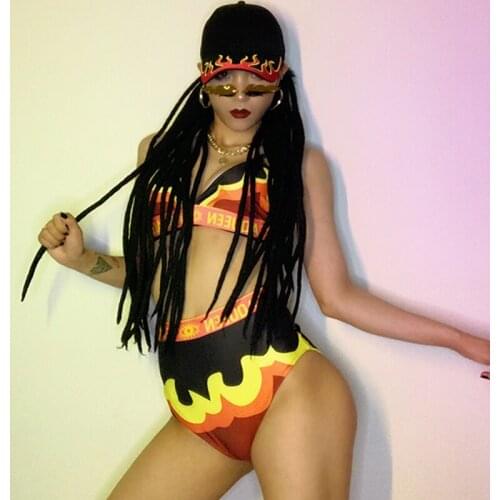Hip-Hop Dance Flame Sexy Bra Shorts Women Jazz Clothing Hat Gogo Costume Girls Nightclub Bar Clothes Dj Group Ds Suit XS2251