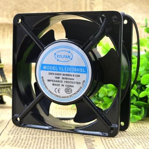 YL12038HSL Computer Cooling Fan AC 220V 0.12A 18W 2600RPM 12038 12cm 120*120*38mm 2 Wires 50/60HZ