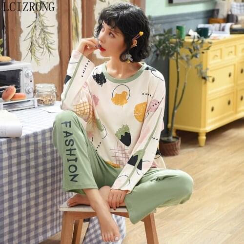 Spring Cute Print Pajamas Set Women O Neck Long Sleeve Pullovers Long Pants Casual cartoon Home Clothes Female Plus Size