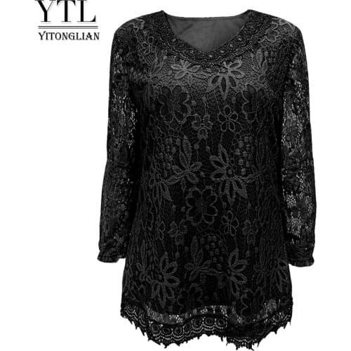 Womens Plus Size Elegant Long Sleeve Floral Lace Black Color T Shirt Women Ladies Tee Shirts 6XL 7XL 8XL H009