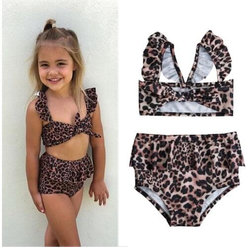 1-5 Years Girls Swimsuits Summer Kids Baby Girl Leopard Bow Swimsuits Set Girls Bathing Suit Bikini 2021 Infant Swimming Suits