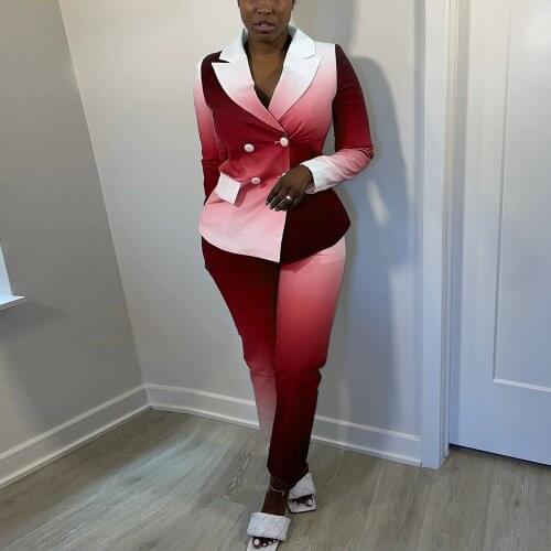 Gradient Color Women Blazer Two Piece Suit Office Lady Formal Outfits Double Breasted Long Sleeve Jacket+pencil Legging Autumn