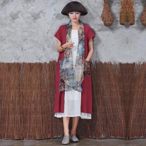 Summer women short sleeve printing The scarf collar fahsion coat cotton linen cardigan trench Vintage loose thin clothes coat