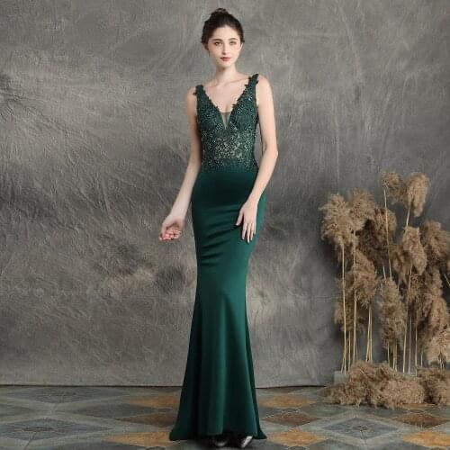 Green Beaded Appliques V Neck Sleeveless Long Sexy Luxury Dress New Arrival Elegant Evening Party Dresses For Women Club Wear