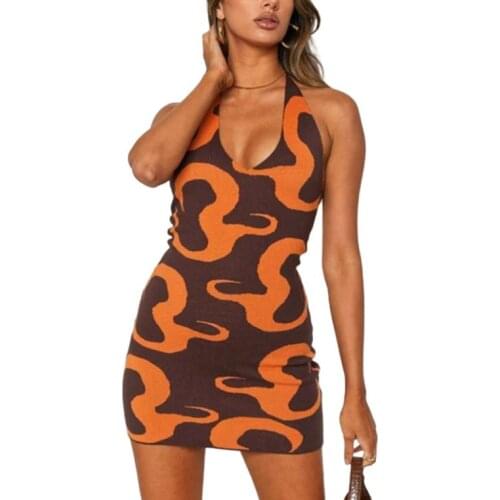Women Halter Dress with Chic Print, Knitted Jacquard Sexy Skinny Fit Summer Clothing