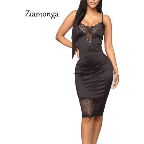 Ziamonga Satin Silk Sexy Dress Club Wear Spaghetti Strap Hollow Lace Dress Women Elegant Midi Pencil Dress Party Bodycon Dresses