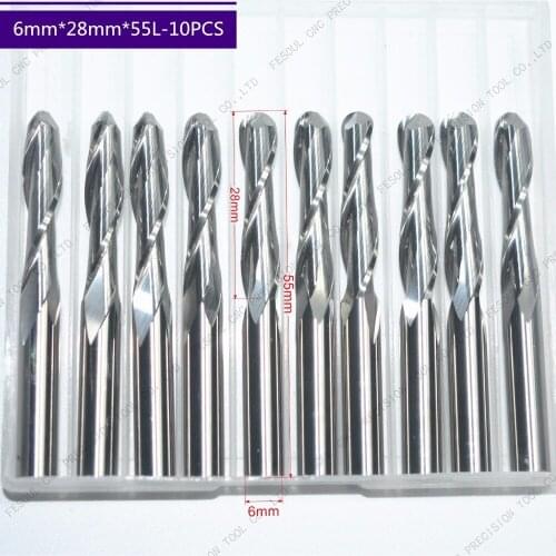 6mm*28mm,10pcs,Free shipping 2 Flutes Ball Head End Mill,CNC milling Cutter,Solid carbide Woodworking relief Bit,wood Cutter