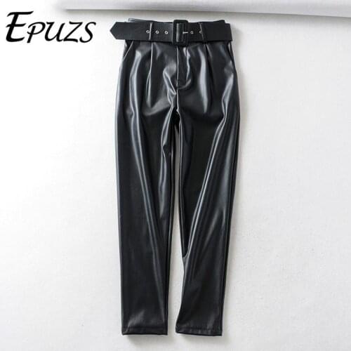 Winter belt black faux leather pants women Streetwear pockets slim pencil pants casual ladies pu long trousers