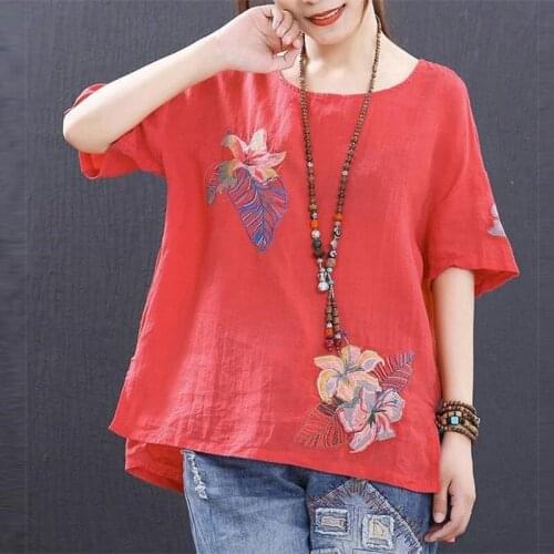 Floral Embroidery Vintage Loose Short Sleeve Tshirt Lady O-Neck Tee Shirt Big Summer Style Cotton Linen Tops Plus Size