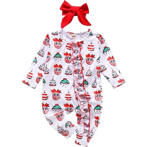 Baby’s Autumn Clothes O-Neck Long-Sleeves Rompers Cute Cartoon Xmas Printing + Red Bow Headband for Toddler Girl 0-24M