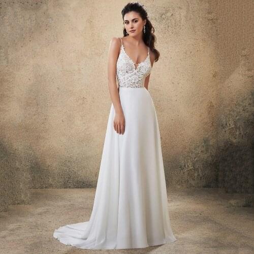 Elegant V-neck Wedding Dresses Bohemian Chiffon A-line Sleeveless Open Back Floor Length Sweep Train Bridal Gowns Robe De Mariee