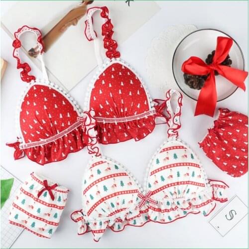 Women Bra Panties Set French Triangle Cup Soft Bra Briefs Sweet Lolita Lingerie Red Christmas Tree Elk Printed Underwear Woman