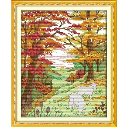 Sheep in the Autumn hills cross stitch kit 18ct 14ct 11ct count printed canvas stitching embroidery DIY handmade needlework
