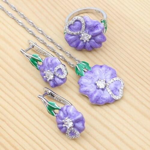 Silver 925 Bridal Jewelry Set for Women Purple Enamel Flower Earrings Pendant Necklace Ring Set Wedding Accessories