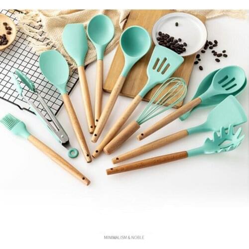 9 PCS Silicone Cooking Utensils Set Non-stick Spatula Shovel Wooden Handle Cooking Tools Set With Storage Box Kitchen Tools Set