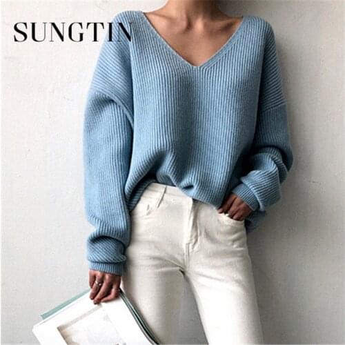 Sungtin Casual Loose V Neck White Pullover Sweater Women Winter Irregular Hem Black Knitted Sweater Female Blue Jersey Mujer New