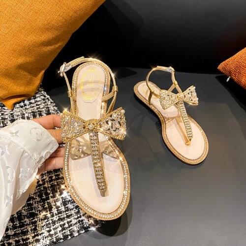 Summer New Womens Fashion Sandals Flat Pearl Flip Flops Womens Bowknot Casual Temperament Sandals Flat Shoes