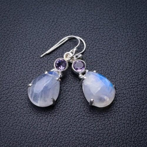 StarGems Natural Rainbow Moonstone And Amethyst Handmade 925 Sterling Silver Earrings 1.5" E0738