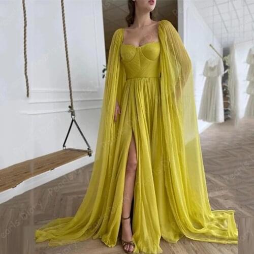 Hot Sale 2021 Citrine Yellow Silk Chiffon Prom Dresses With Long Cape Dubai outure Sweetheart Pleats Side Slit Evening Gowns
