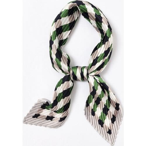 Bright Plaid Small Silk Neck Scarf Women Pleated Bandana Square Crinkle Headwear Kercheif [3955]
