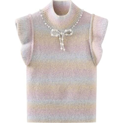 Pearl Bow Decoration Middle Collar Gradient Color Knit Sweater Vest Women 2021 Winter And Autumn Womens Clothing