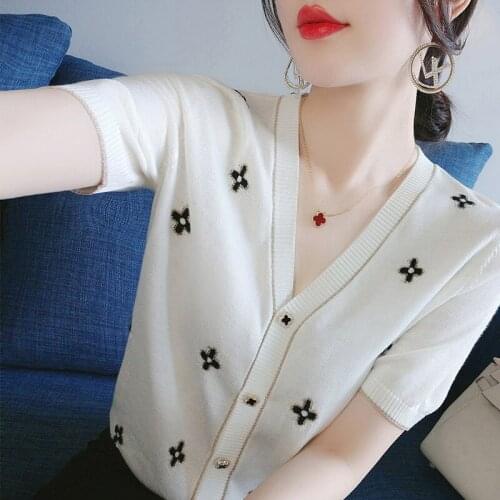10208 non real shot net red popular 4-leaf short sleeve ice silk knitted cardigan womens 30