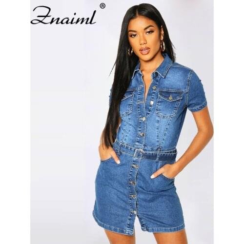 Znaiml Streetwear Slim Denim Mini Dress Women Chic Single-Breasted Short Sleeve Turn-down Collar Ladies Split Jeans Dress Femme