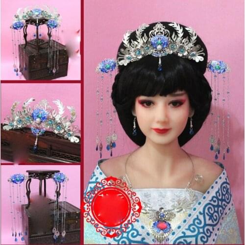 A261 Blue Cloisonne Tassel Phoenix Hair Tiara Blue Crystal Imitate Wire Inlay Hair Accessory Set Silver Blue Series Hair Jewelry