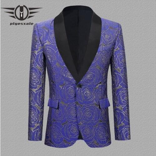 Brand Black Burgundy Sky Blue Royal Blue Rose Floral Jacquard Blazer For Men Stylish Mens Prom Party Blazers Stage Wear Q1203