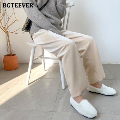 BGTEEVER Soft Warm Women Wide Leg Pants 2020 Winter Casual Thicken Velvet Elastic High Waist Loose Female Trousers