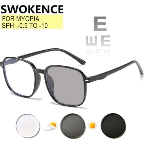 Photochromic Anti Blue Ray Myopia Glasses Women Men Oversized Square Frame Nearsighted Spectacles Prescription -0.5 to -10 F515
