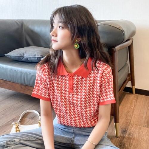 Streetwear Houndstoot Knitted T Shirt Women Korean Summer Autumn Turn Down Collar Short Sleeve T-shirt Tee Shirts crop tops